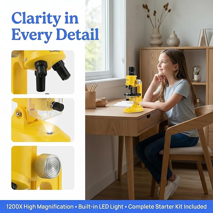 Little World Kids Microscope with LED Light - 100X/400X/1200X Magnification | Beginner science kit, includes prepared 12 slides, monocular view, educational STEM gift for ages 5-12, Yellow