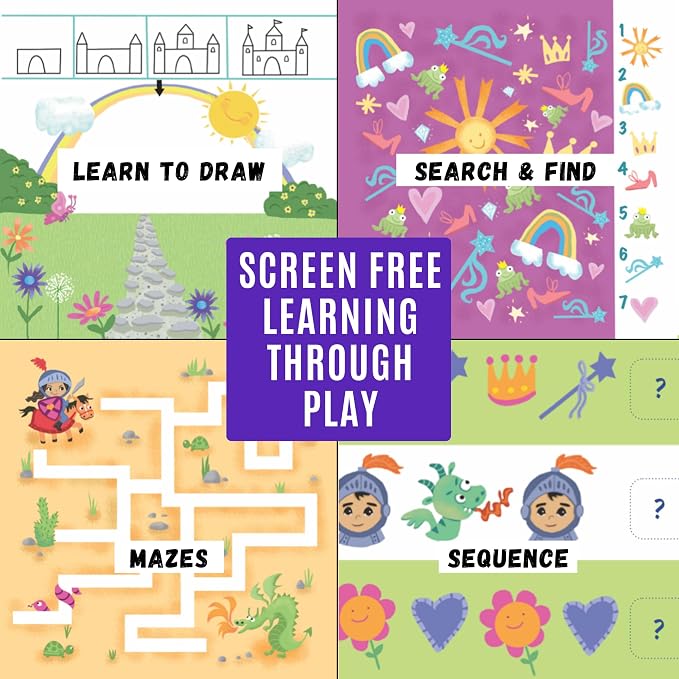Totebook Dry Erase Activity Book for Kids - 18 Erasable Learning Games with Markers & Reusable Stickers, Travel Activities for Ages 4-6, Fits Case (Jungle & Princess)