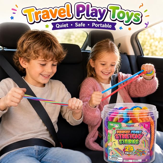 Fidget Sensory Stretchy Toys for Kids, 24-Pack Textured Stretch Noodles with Storage Bucket, Sensory Toys for Autism Stress Relief, Quiet Calm Down Gifts for Classroom Prizes Party Favors, Travel Toys
