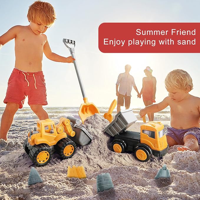 Long Shovel Sand Beach Toys with Big Excavator Toy, Dump Truck Toy, Construction Toys, Sand Castle Toys for Beach, Beach Rakes, Molds, Mesh Beach Bag for Kids, Toddlers, Boys & Girls (31 PCS)