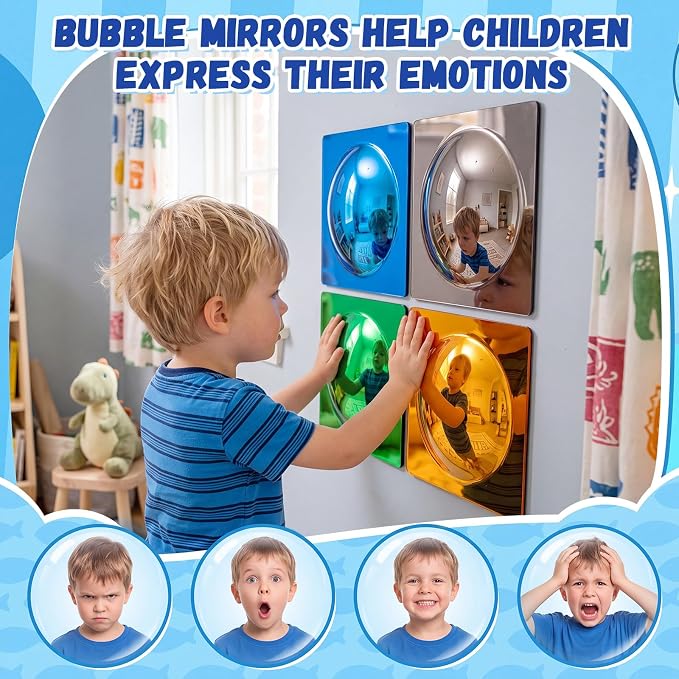 Geiserailie 4 Pcs Sensory Wall Bubble Mirrors, 6 x 6 Inch, CPC Certified | Colorful Acrylic Convex Mirrors, Sensory Room Must Haves, Classroom Learning Tool, Calming Corner, Preschool Daycare Activity