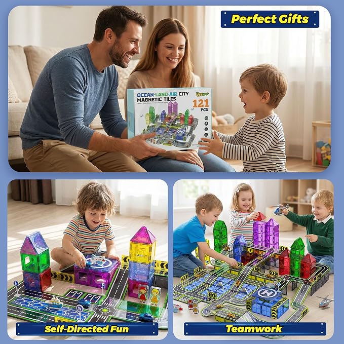 Magnetic Tiles,121PCS Magnet Tiles Road Set with Pullback Cars for 3+ year old Boys,Magnetic Toys for Kids Ages 4-8 with Ship,Airplane,Traffic Sign,STEM Classroom Educational Birthday Gifts Toys