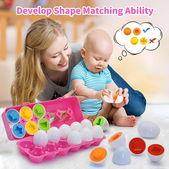 MOONTOY Montessori Matching Egg, 12PCS Color & Shape Recognition Toy for Toddler 2-3, Educational Learning Eggs Toy with Pink Storage Case, Easter Eggs Basket Stuffers Gift for 18M+ Year Old Girl Kid