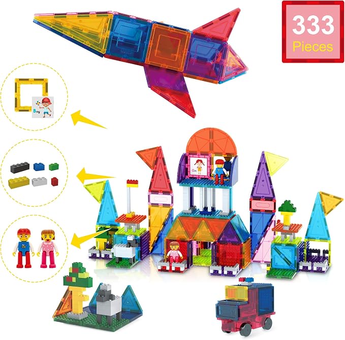 PicassoTiles 333pcs Magnetic Brick Tile and Magnetic Tile Combo Set, Action Figures included, Building Blocks STEM Toys, Educational Montessori Preschool Toddler classroom learning toys, Kids activity
