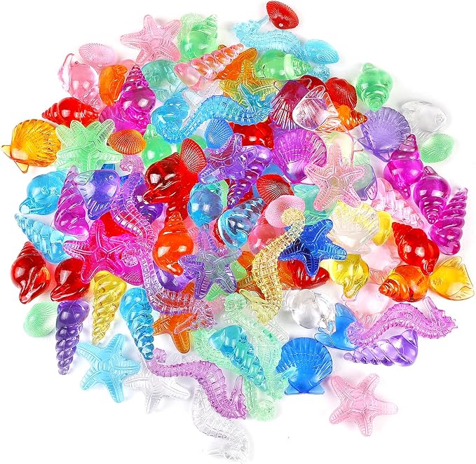 HAPTIME 80 Pcs Seashells, Sensory Bin Filler, Diving Gem Pool Toys for Kids, Plastic Sea Shells for Crafting, Little Mermaid Table Decorations, Vase Filler