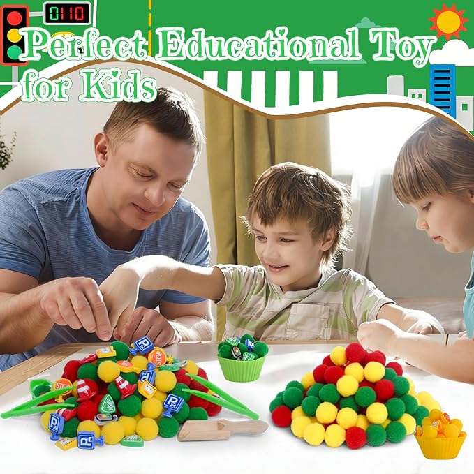 169pcs Traffic Signs Sensory Bin Filler Fine Motor Toys Traffic-themed Sensory Bin Items Traffic Light Stop Sign Traffic Cones Parking Sign Crosswalk Pom Poms for Preschool Color Counting Sorting