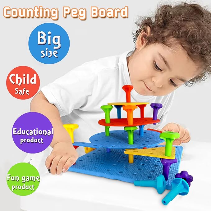 Counting Peg Board for Kids - Toddler Stacking Toys - 65 Pcs DIY Building Set Large Foam Board & Occupational Therapy Toys, Color Sorting & Lacing Toy , Montessori Tools, Peg Puzzles for Toddlers 3