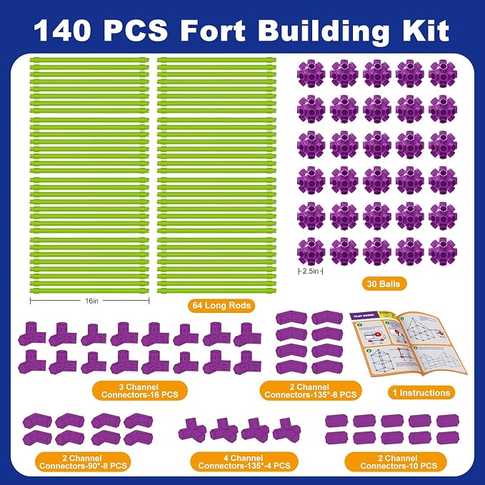 Glow In The Dark Fort Building Kit for Kids, STEM Building Toys, Kids Fort | DIY Castles Play Tent Tunnels, kids Creative Construction Toys Set, Christmas Birthday Gifts for Boys & Girls, 140 Pcs