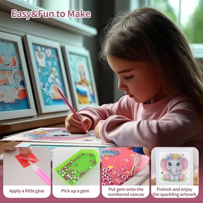 Gemozaic Elephant Diamond Art Kits for Kids Ages 4-8-12 with Frame, 7 x 7 | Cute Animal Diamond Art for Kids 4 6 8 10 12 Year Old, Easy Kid Big Gem Painting, DIY Arts and Crafts for Girl Birthday Gift
