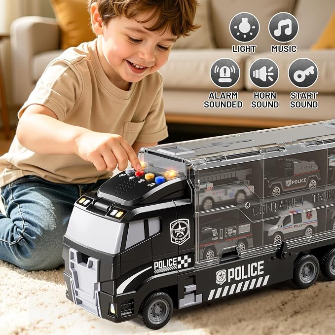 Carrier Truck Toddlers Toys for 3 4 5 6 7 Years Old Boys, Toy Truck Transport Car & Die-Cast Car and Play Mat, Police Car Toys Birthday Gifts for Kids 3 4 5 6 7 8+ Years Old Boys Girls