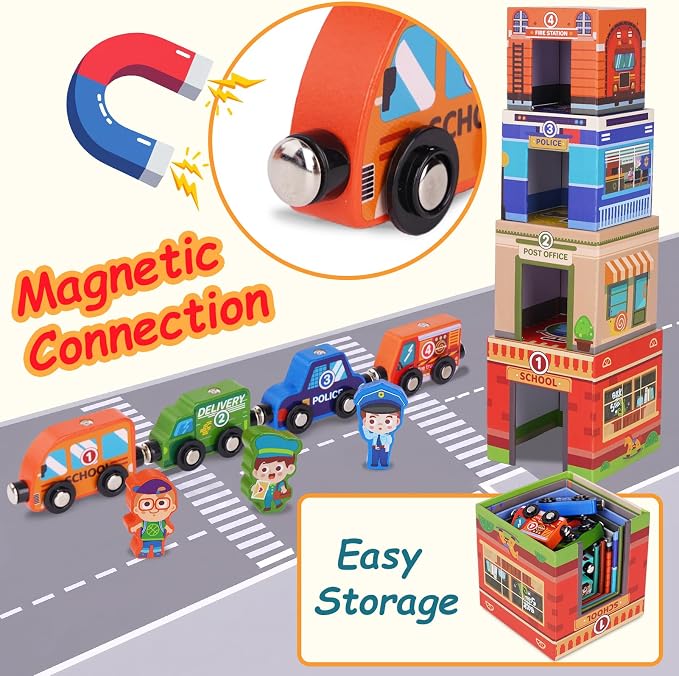 Montessori Sorting and Stacking Community Helpers Toys for Toddlers 1-3 | Number Blocks Nesting Boxes, Magnetic Wooden Car Preschool Toy, 1st First Birthday Gifts for 1-2 Years Boys Girls