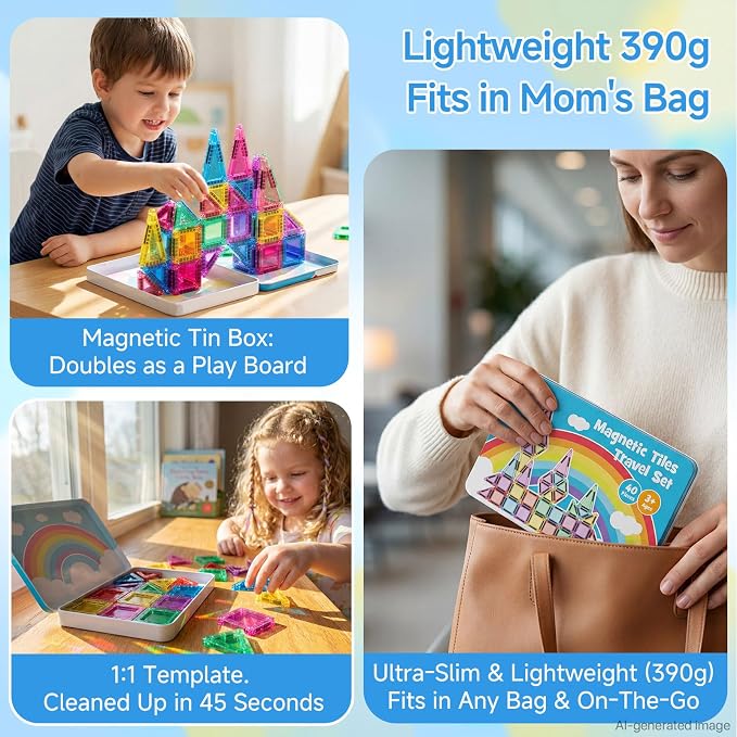 Magnetic Tiles for Kids 60 Mins Quiet Play at Church Restaurant | 40 PCS Pocket Magnet Building Blocks in Tin Box to Stop Crying- Boys Girls Age 3-8