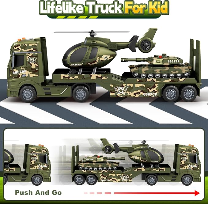 Bstoyder Toddler Boy Toys for 3 4 5 6 7 Years Kids, 25" Semi Army Truck Toy with Helicopters and Tank, Friction Powered Military Toys with Lights and Sounds, Birthday for Boy Girls