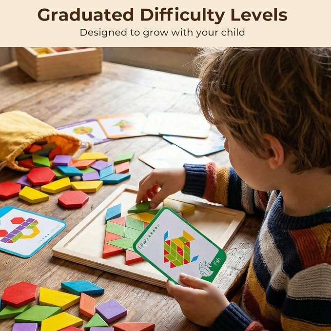 LovesTown 209 PCS Shapes Wooden Pattern Blocks for Kids | Geometric with Activity Cards, Storage Bag, Educational Tangram Puzzles, Great Learning Gift