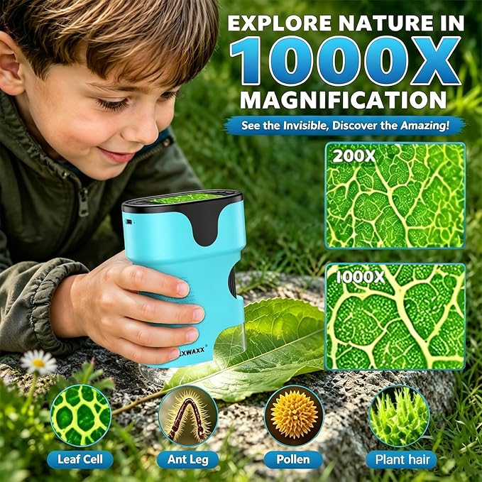 Kids Digital Handheld Microscope with Screen: Science Toy Gifts, Ages 4-12 | SD Card, Slides Kit, EVA Case, 1000X 4K Pocket Miniscope, Rechargeable Portable Discovery Kit for Boys and Girls, In/Outdoor