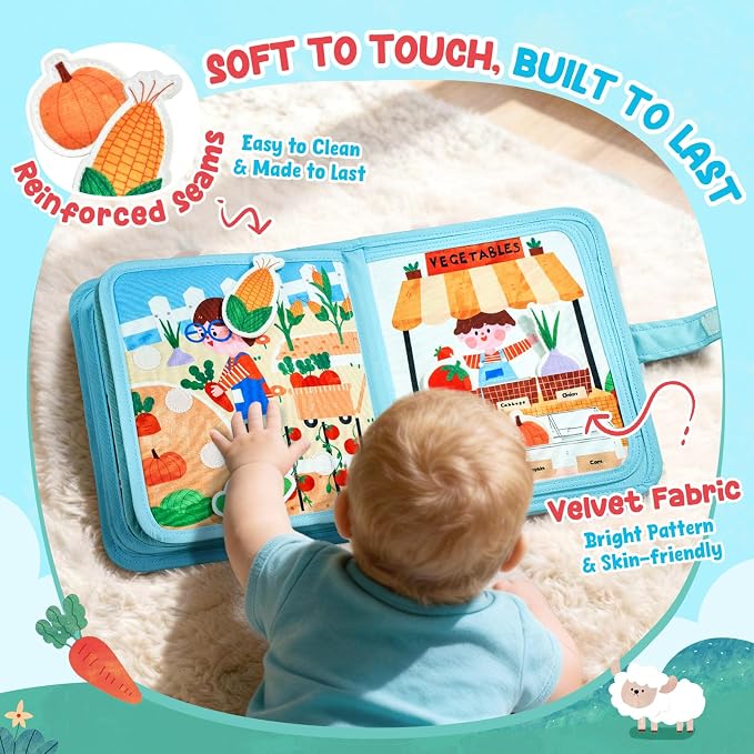 JoyCat Farm Busy Book for Toddlers 1-3, 21-in-1 Montessori Travel Quiet Toy | 21-in-1 farm busy book with Montessori activities supports fine motor skills, life skills and quiet travel play