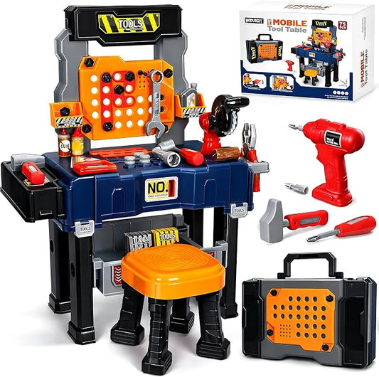 Kids Tool Bench with Electric Drill and Chair, Christmas Birthday Gift for Boys Girls Age 3,4,5+ Fun Play Kids Workbench, Transformable Toddler Tool Box Set, Construction Tool Toys for Toddler 3-5