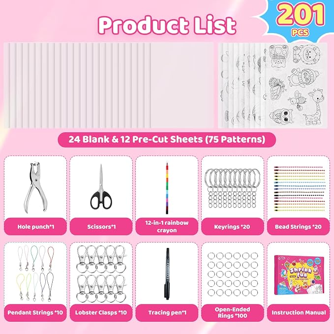201pcs Shrink Paper Keychain Kit, Crafts Kits for Kids Adult, Shrinking Art | pre cut+blank