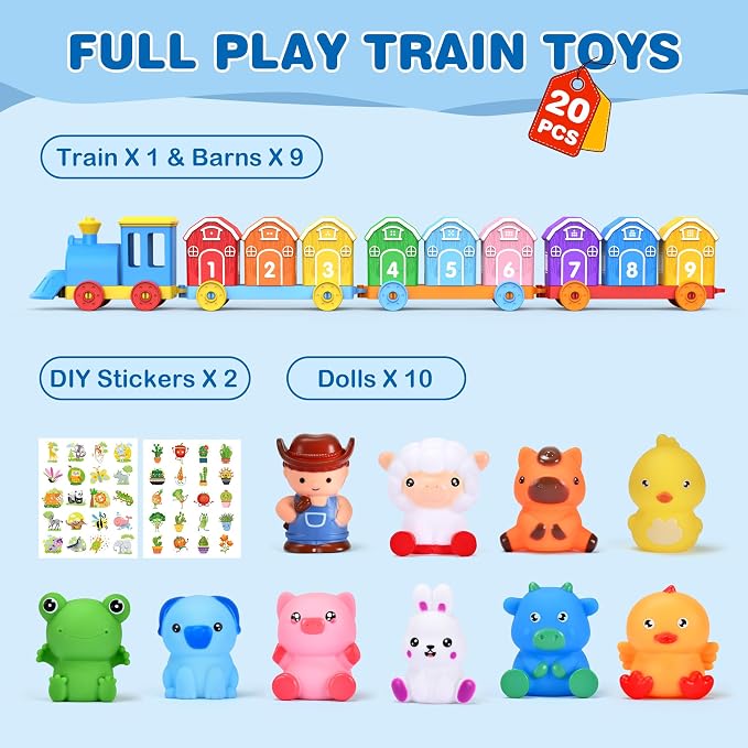 Montessori Learning Toy Toddler Animal Train Counting Barns Puppets | Montessori toy farm train set with 9 barns & 10 finger puppets for matching sorting, preschool gift for toddler boys girls