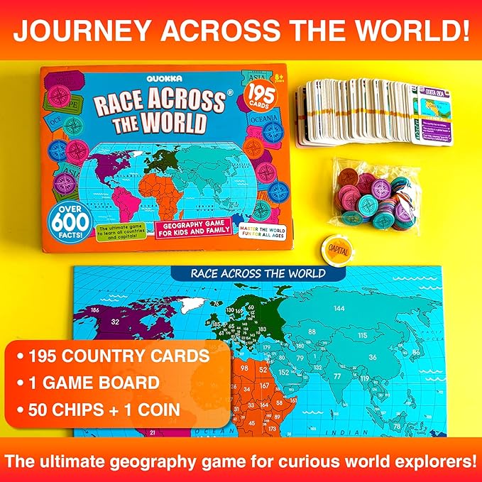 Quokka Board Games for Kids 8-12 - Family Games for Kids and Adults - Journey Across the World Card Game Ages 5-9 - Learn Capitals, Flags, Facts, and Map Locations with 195 World Map Cards