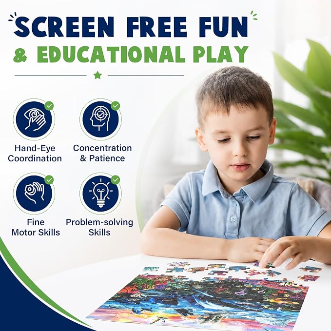 BenBen 3 Pack 100 Piece Puzzles for Kids Ages 4-6 6-8, Dinosaur Space Ocean | Large Pieces Jigsaw Puzzles for Toddlers 3-5, Screen-free Activity Learning & Educational Toys for Kids 8-10, 19.75” x 13.75”