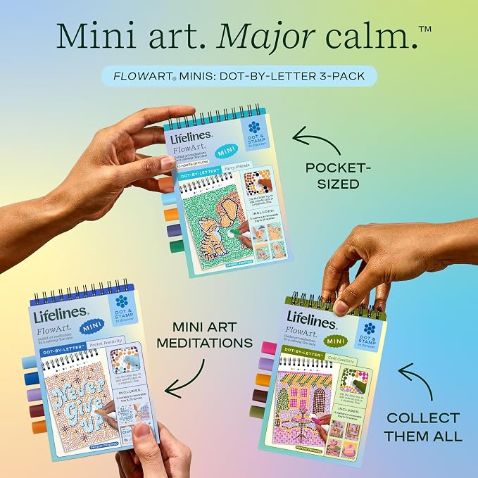 Lifelines FlowArt Mini Activity Pads, 3-Pack, Dot-by-Letter Coloring Books | 15 Markers & 60 Scenes - Guided Art Meditations for Tweens, Adults & Seniors - Dot-by-Letter - Patent-Pending