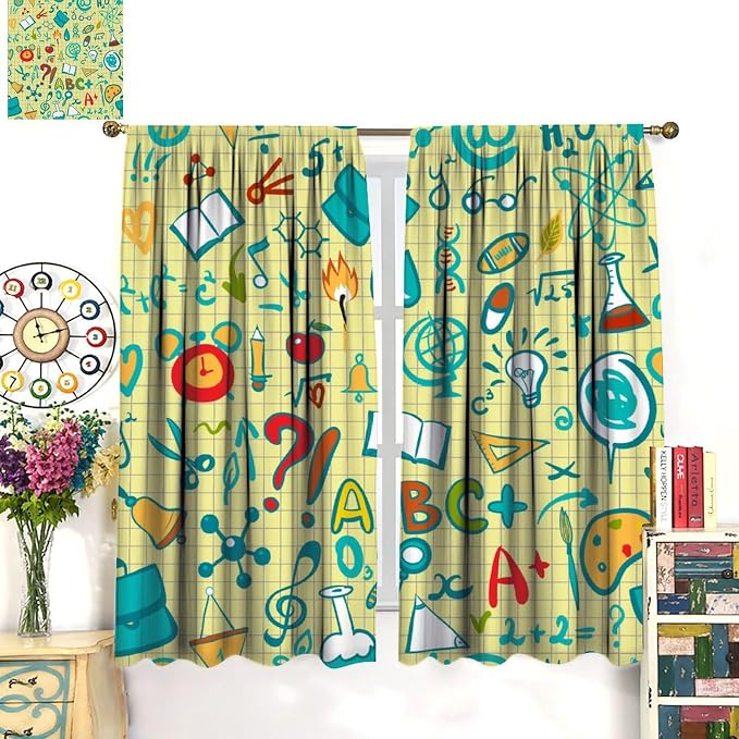 Science Physics Curtains, Abstract Math Chemistry Curtain Scientist Graffiti Print Window Treatments for Kids Teens Bedroom Living Room Set 2 Panels,42x45 Inches, Style-1
