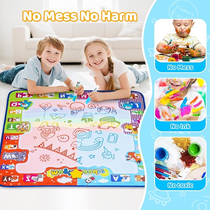 KIZZYEA Toys for 2 3 4 5 6+ Years Old Boys Girls, Water Doodle Mat for Kids, Large Coloring Painting Writing Magic Mat with Neon Colors, Educational Toys Christmas Birthday Gifts for Age 2-4, 3-5