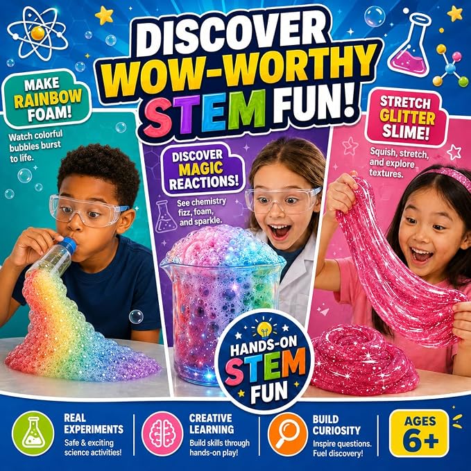 Science Experiment Kit for Kids 6-12, STEM Chemistry Set with Volcano | 130+ science activities with volcano eruption, crystal growing, slime making and lab experiments, STEM gifts for boys & girls