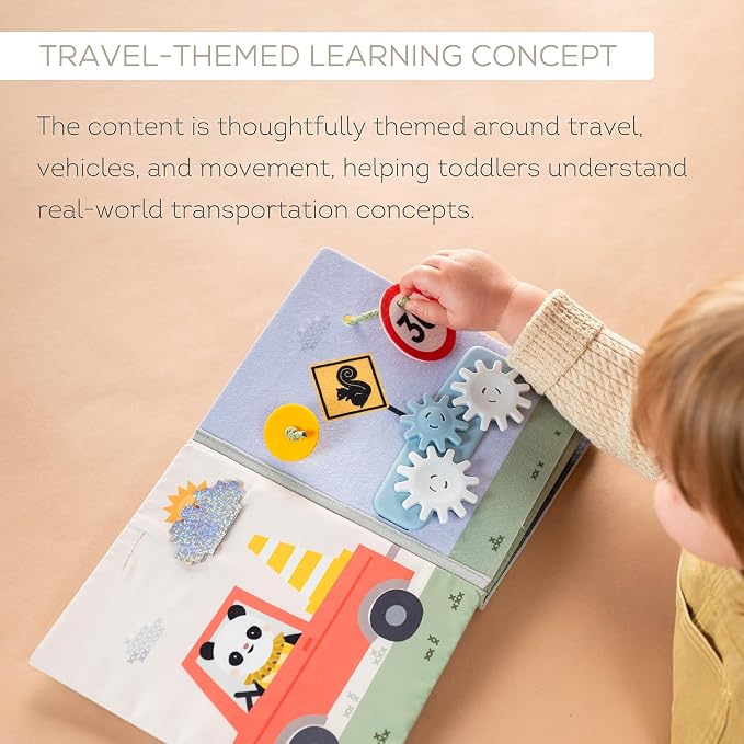 Taf Toys Busy Book for Toddlers 1-3 Textures, Crinkle Fabrics & Movable Cars - Montessori Busy Board - Activity Book Learning Quiet Activity Books Gifts Toddler Travel Toys for One Year Old