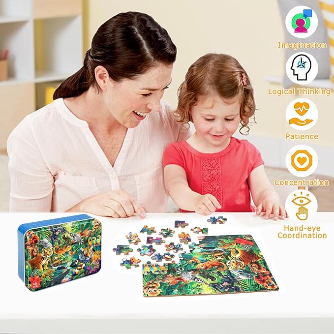 LELEMON Puzzles for Kids Ages 4-6, 60 Piece Puzzles for Kids in Metal Box | Jungle Puzzle Educational Kids Puzzles,Jigsaw Puzzles for Kids Ages 3-5,Childrens Puzzle Games Puzzle Toys for Girls and Boys