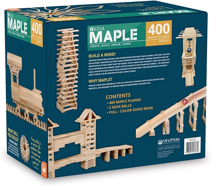 MindWare KEVA 400 Maple Wood Building Planks Set - Building Toy Includes 400 Wooden Blocks, 2 KEVA Balls, and Idea Book - Ages 5+