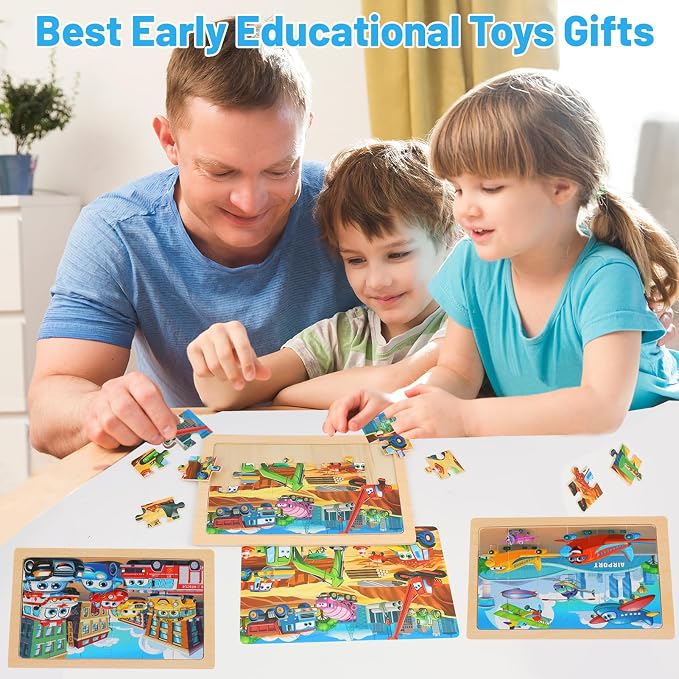 Puzzles for Kids Ages 4-6, 4-Pack 24-Piece Wooden Kids Puzzles | Construction Vehicle Themes | Educational Puzzles for Kids Ages 3-5, Age-Appropriate Learning Toys, Ages 3+