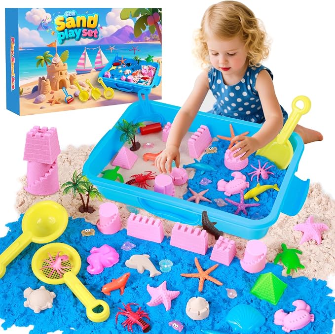 Mikiwon Ocean Sensory Bin, Sandbox Play Sand Art Kit with 1.65lbs Play Sand, Sea Animal Toys Molds, Sensory Play for Girls Boys Age 3 4 5 6 7 8, Beach Toys for Kids Xmas Birthday Gifts