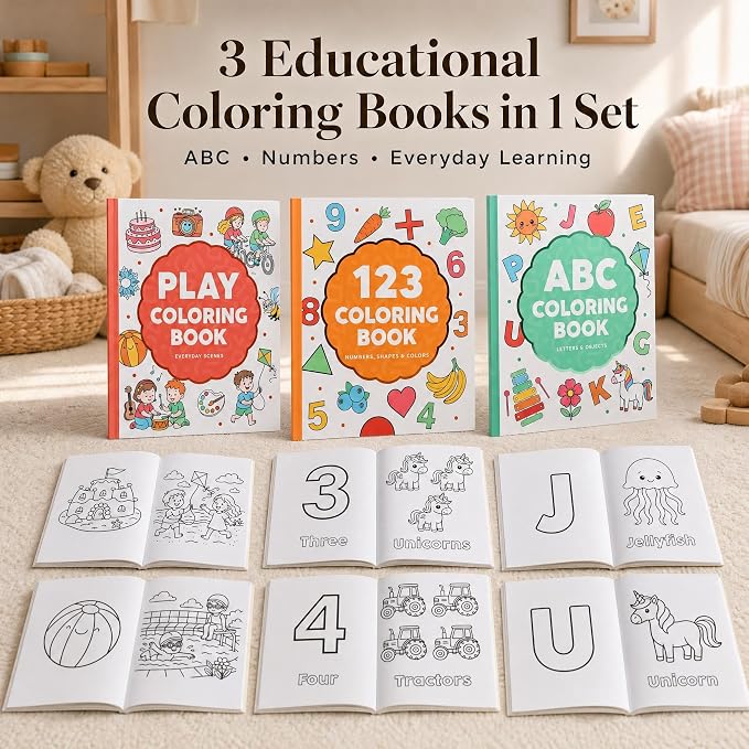 ZICOTO Fun Coloring Book for Kids - Set of 3 Cute Toddler Coloring Books | Educational Activity Water Color Pages with Simple Designs for Boys and Girls - Covers Alphabet, Numbers, Colors & Shapes