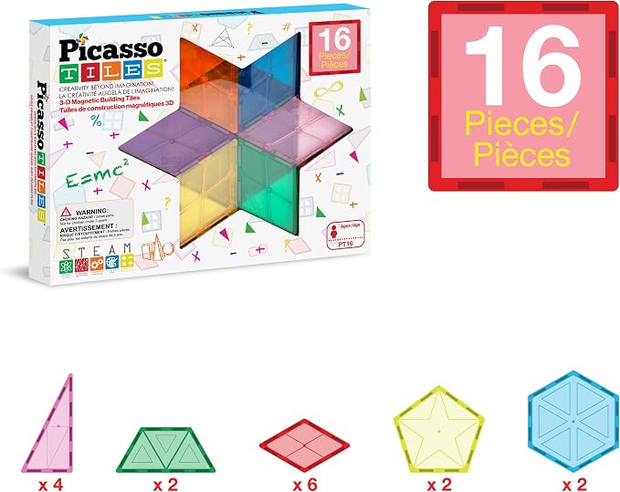 PicassoTiles Magnetic Building Block Set Geometry Shape Magnet Tiles Construction Toy STEM Learning Kit Educational Playset Playboard Pretend Play Stacking Blocks Child Brain Development PT16 | 16 pieces: 6 rhombuses, 2 pentagons, 2 hexagons, 2 isoscel...