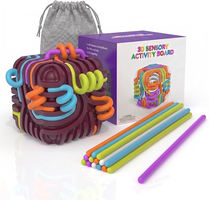 Sensory Activity Board Cube Fidget Toys for Kids & Adults - Zero Noise Silicone Quiet Toddler Travel Toys for Car Rides & Airplane - Autism ADHD Calming Toy Gift Stuffers with 15 Strings