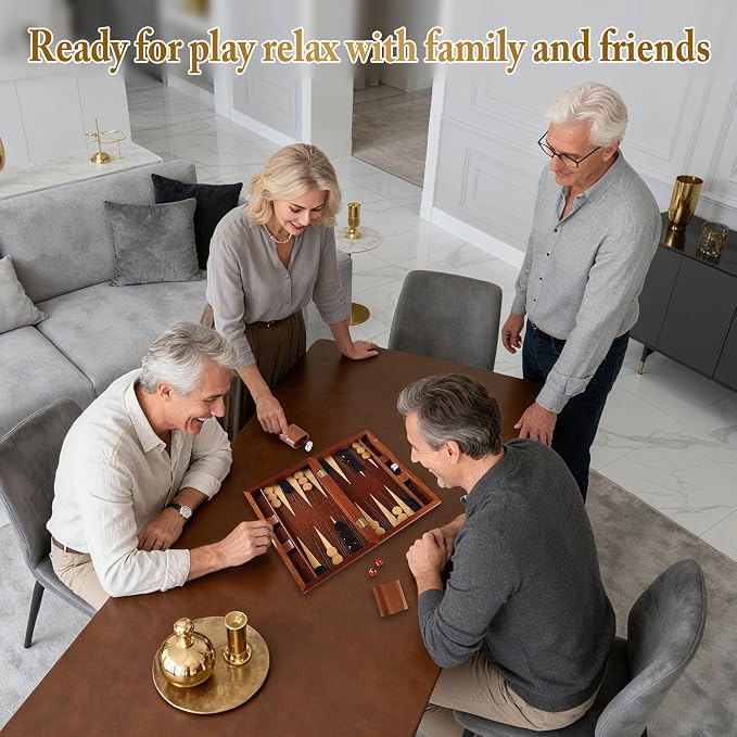 Offelec Wooden Backgammon Set for Kids, 13 Inches Backgammon Board Game Set with 32 Backgammon Pieces, 5 Dice & 2 Cups - Classic Strategy Game for Kids Adults and Family