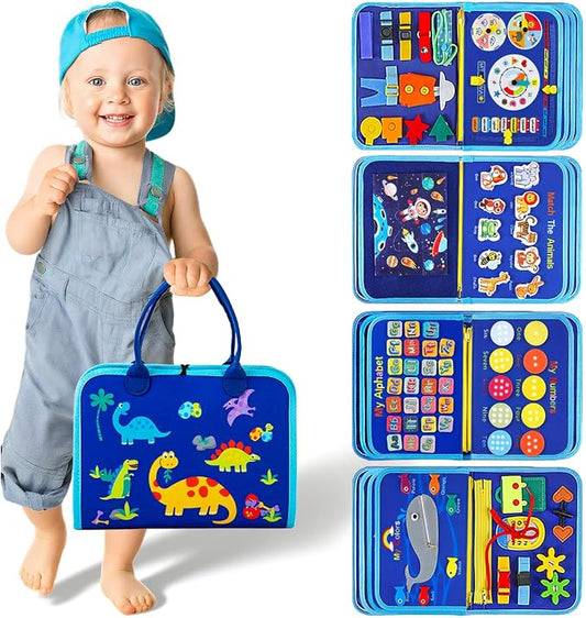 Montessori Busy Board,Busy Book Travel Toy Gifts for Toddler Boy Girl 1-3 | Sensory Toys,Preschool Educational Toy,Fine Motor Skills,Activity Book,For Airplane & Car,Blue Multipages
