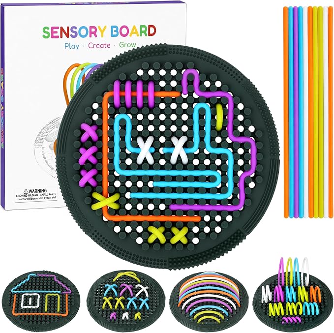 Sensory Activity Board, Silicone Fine Motor Skills Fidget Toys for Kids | Silicone Sensory Toys for Calming, Stress, Anxiety, ADHD & Autism Fidget Pads Includes Portable Travel Bag & 25 Strings