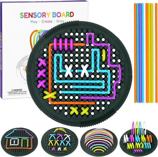 Sensory Activity Board, Silicone Fine Motor Skills Fidget Toys for Kids | Silicone Sensory Toys for Calming, Stress, Anxiety, ADHD & Autism Fidget Pads Includes Portable Travel Bag & 25 Strings