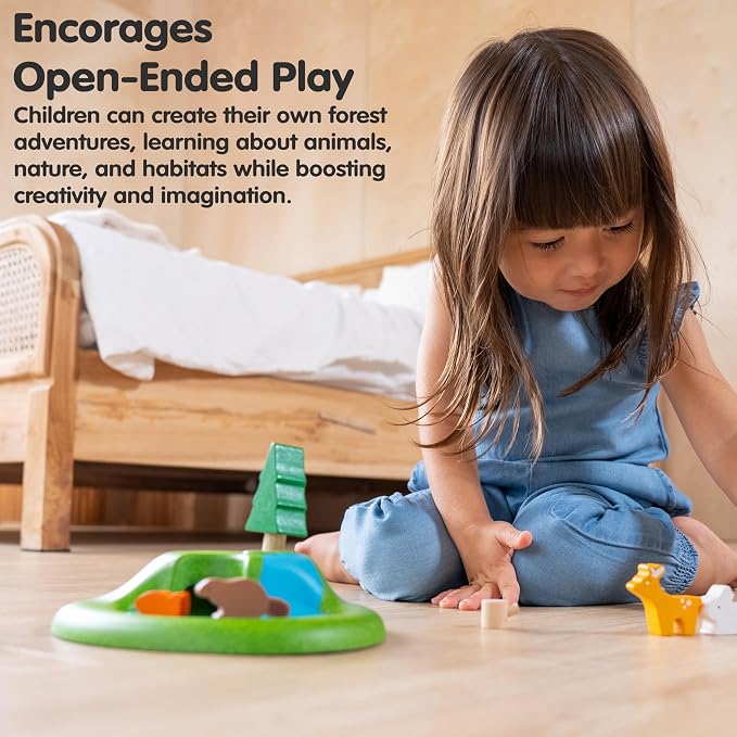 PlanToys® Wooden Animal Toy Set for Toddlers, 16 Pcs Montessori Forest Set | 16 pcs forest playset, trees cave mountain, wooden animal toy set, montessori open-ended nature play, preschool educational k