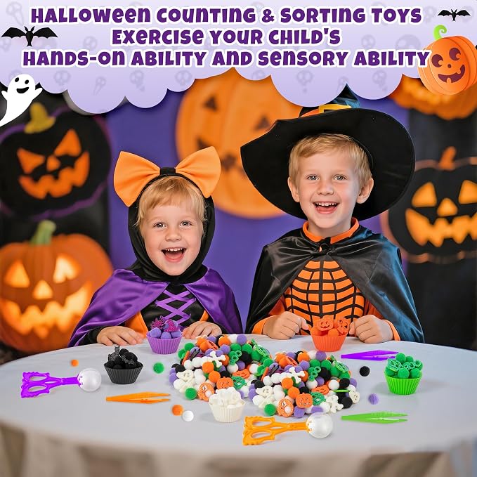 EZdhuawuse Halloween Sensory Bin Fillers - 269P Halloween Fine Motor Toys Sorting Stacking Toys for Kids, Glitter Felt Pumpkin Black Cat Hat Pom Poms for Preschool Education Early Development Activity