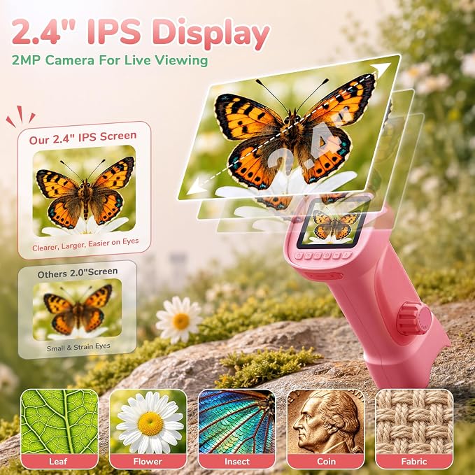1000X Handheld Digital Microscope for Kids with 2.4" IPS Screen | Portable Educational STEM Microscope Toy with Photo/Video, 8 LEDs, Manual Focus, Rechargeable for Ages 4-12 Boys & Girls