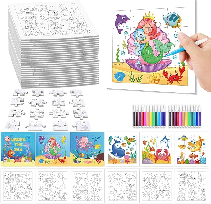 Fennoral 24 Pack DIY Coloring 0cean Animal Jigsaw Puzzle Craft Kit for Kids | Blank Color Your Own Jigsaw Puzzle with Base Design, 4.7 Inch Summer Bulk Crafts for Classroom & Ocean Theme Party Favors