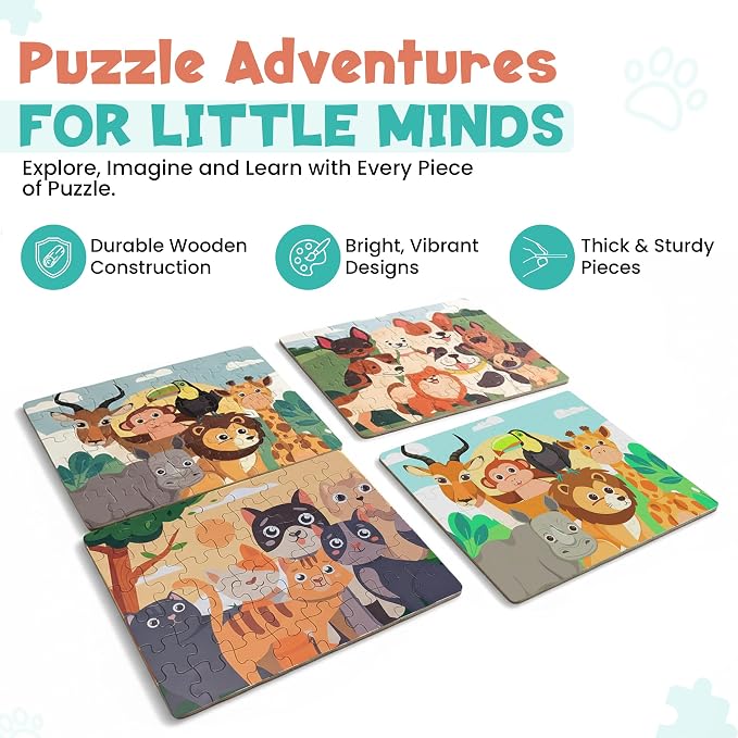 Wooden Animal Floor Puzzles for Kids, 4-Pack 48-Piece (192 Total) – Educational Toys for 3 Year Old, Puzzles for Kids Ages 4–6, Learning Toys for 3 Year Old Boys & Girls, Animal Theme