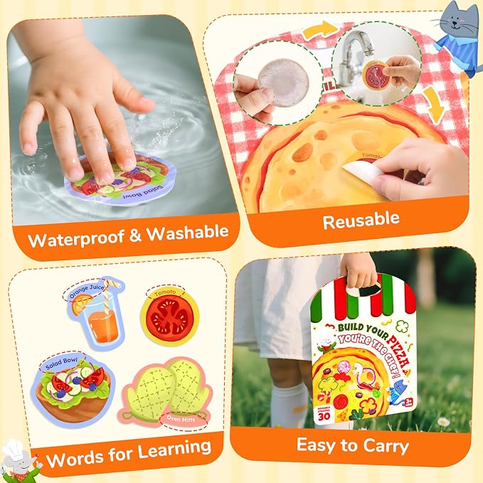JoyCat Reusable Pizza-Making Sticker Book, Travel Toys for Toddlers & Kids | Washable stickers, kids car activities, airplane toy, road trip fun, toddler activity, birthday gifts for boys and girls