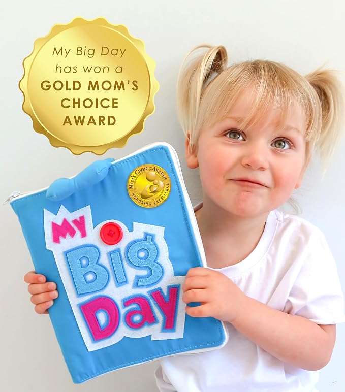 Curious Columbus My Big Day Quiet Book, Fabric Busy Book for Travel (Blue) | 10 Interactive Pages, Color Matching, Counting, Buttons, Zippers, Buckles and Lacing, Book Zips Closed with Carry Handles