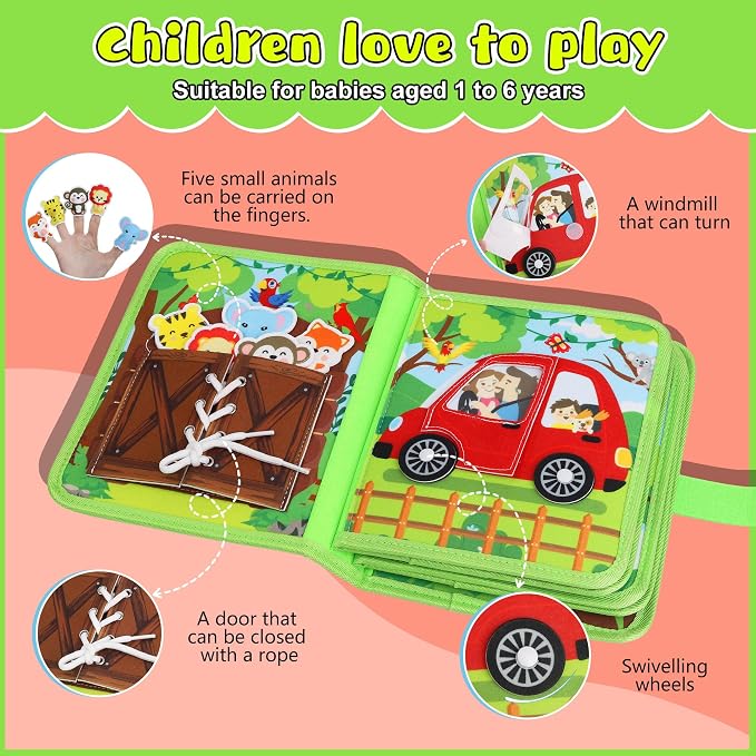 Farm Montessori Busy Book for Toddlers 1-3 - Soft Fabric Sensory Busy Board Quiet Activity Books for 1 2 3 Year Old Toddler Boy Girl Gifts - Airplane Car Travel Essentials Educational Learning Toys