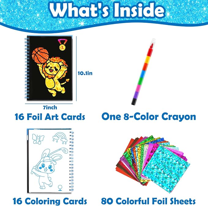 FUNNYB&G Foil Art Craft Kit for Kids, Sparkly Birthday Gift Toy for Kids | No Mess, Kids Ages 4-10 Create Sparkling Artwork, A Creative Gift for Birthdays, Holidays, Travel Activities,Screen-Free Fun